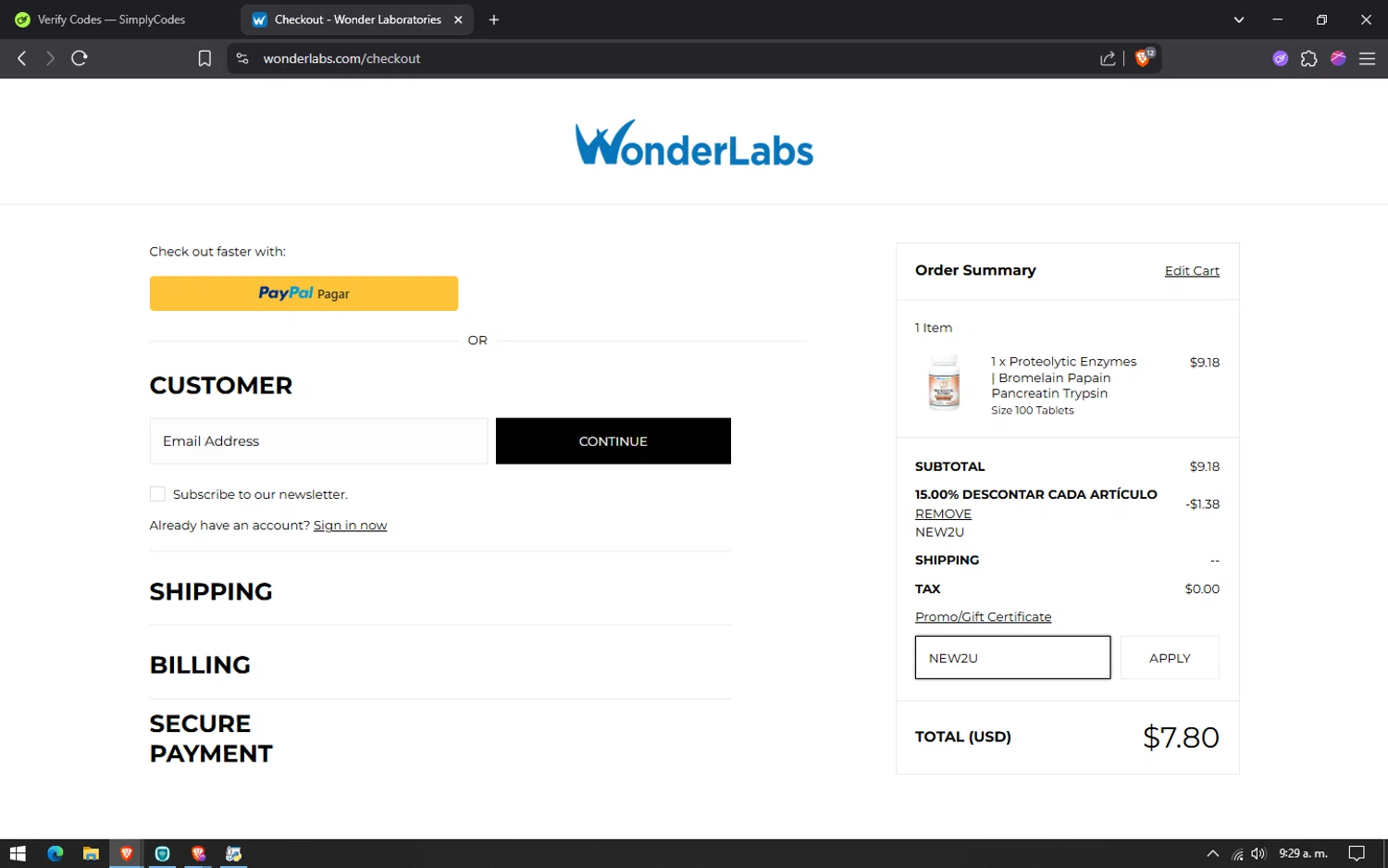 WonderLabs coupon code screenshot showing code NEW2U applied at WonderLabs checkout page. Uploaded by SimplyCodes community member lareinadecupones on Jun 20, 2025