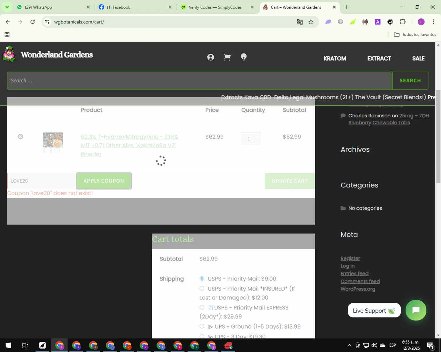 Wonderland Gardens coupon code screenshot showing code LOVE20 applied at Wonderland Gardens checkout page. Uploaded by SimplyCodes community member ashe1986 on Mar 12, 2025
