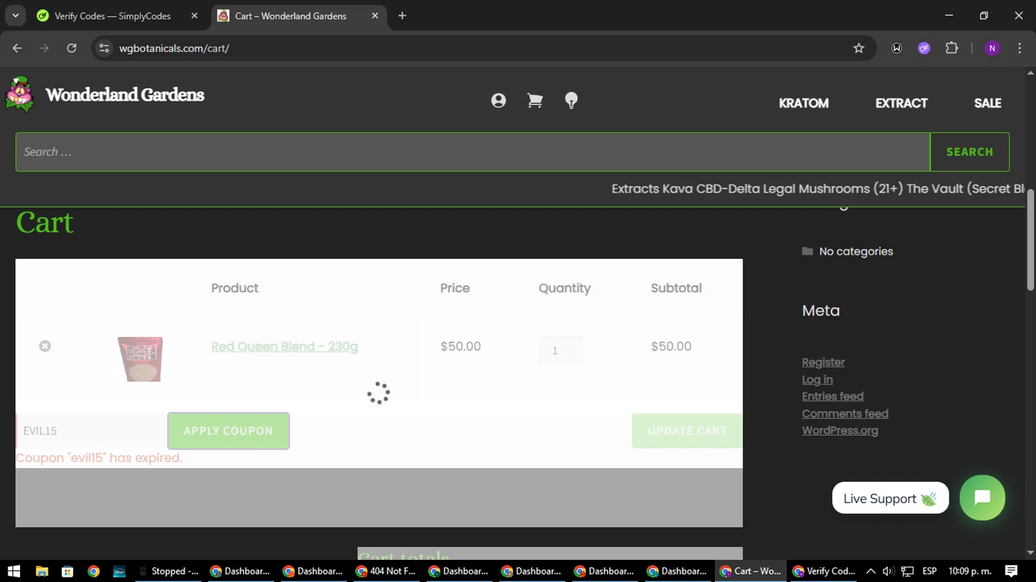 Wonderland Gardens coupon code screenshot showing code EVIL15 applied at Wonderland Gardens checkout page. Uploaded by SimplyCodes community member NATAAAAAANAELCANO on Aug 5, 2025