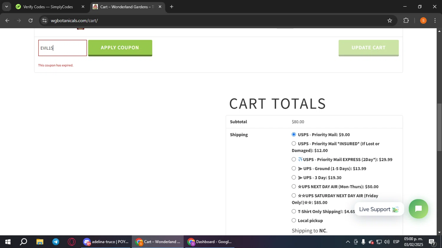 Wonderland Gardens coupon code screenshot showing code EVIL15 applied at Wonderland Gardens checkout page. Uploaded by SimplyCodes community member StevenZarraga on Feb 3, 2025