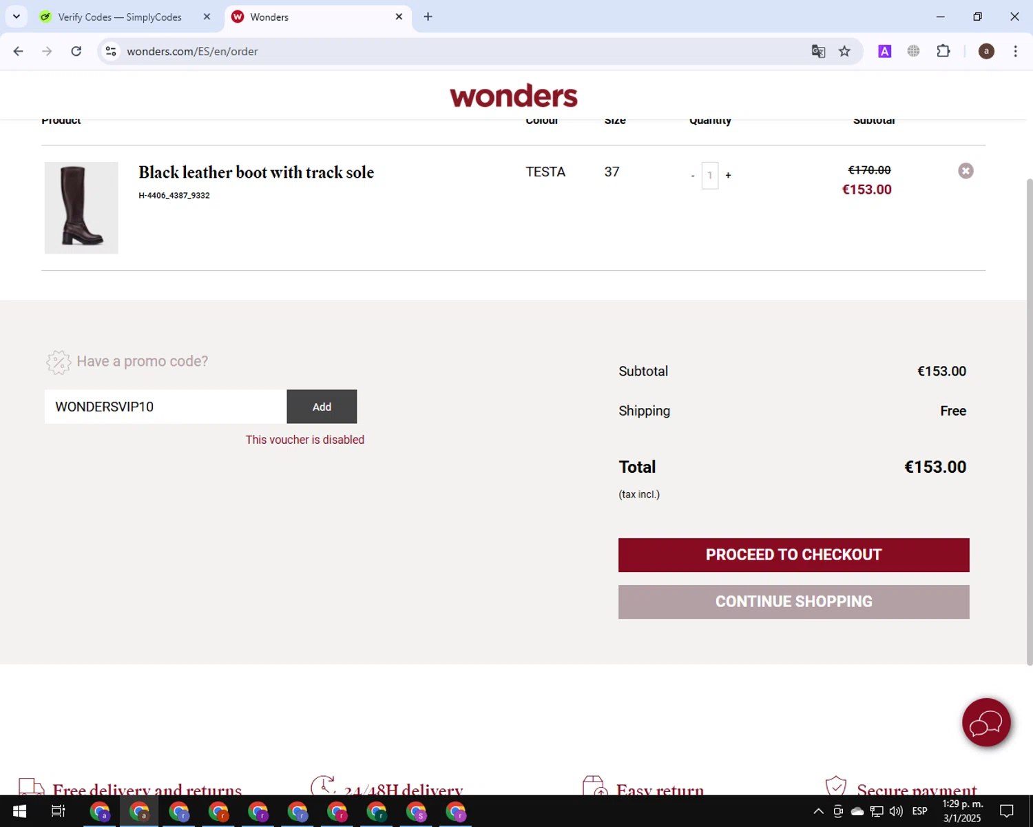 Shoes Wonders promo code screenshot showing code WONDERSVIP10 applied at Shoes Wonders checkout page. Uploaded by SimplyCodes community member BonusGuardian1649 on Jan 3, 2025