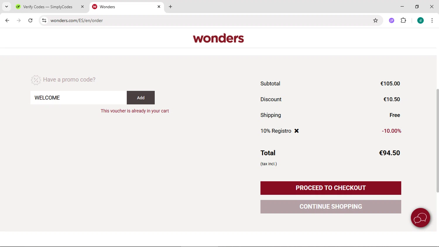 Shoes Wonders promo code screenshot showing code WELCOME applied at Shoes Wonders checkout page. Uploaded by SimplyCodes community member HEROESCUDA on Jun 11, 2025
