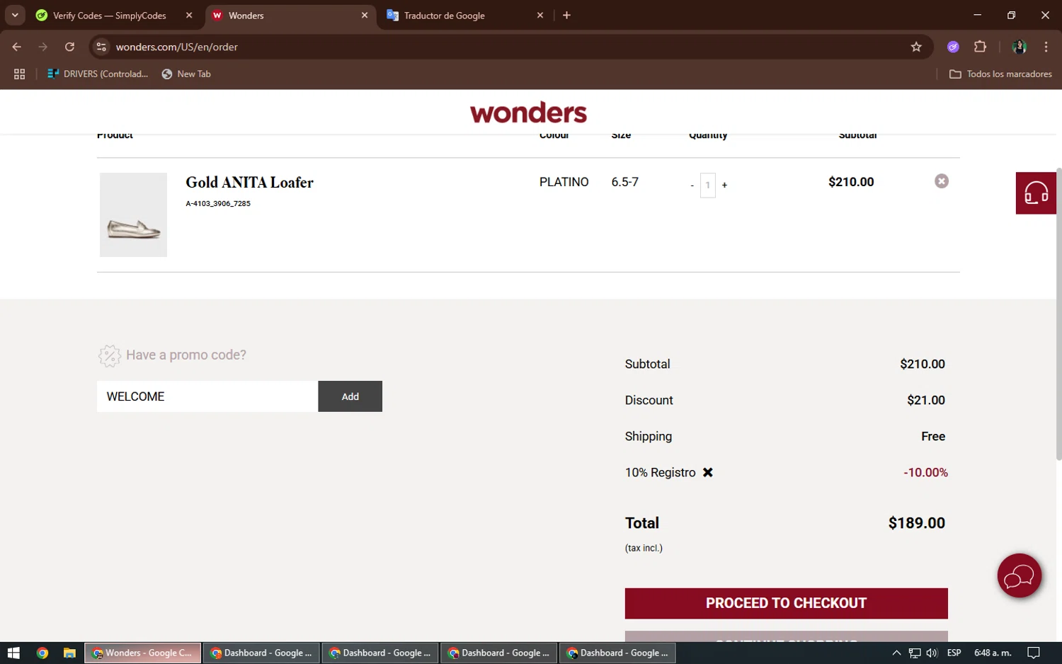 Shoes Wonders promo code screenshot showing code WELCOME applied at Shoes Wonders checkout page. Uploaded by SimplyCodes community member TheWizard on Jun 19, 2025
