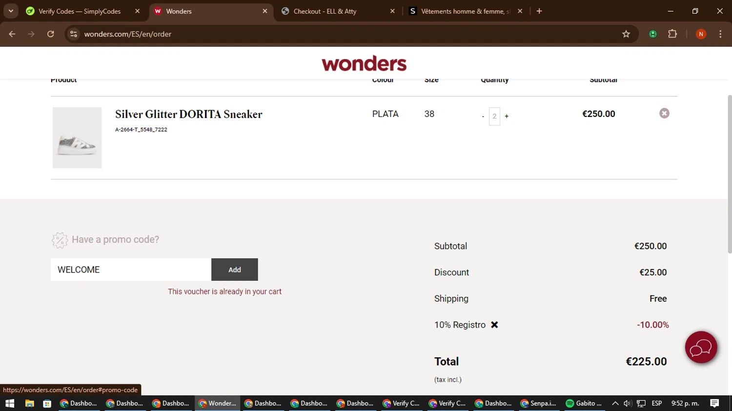 Shoes Wonders checkout page showing Shoes Wonders promo code box | Screenshot taken by SimplyCodes community member on Aug 9, 2024