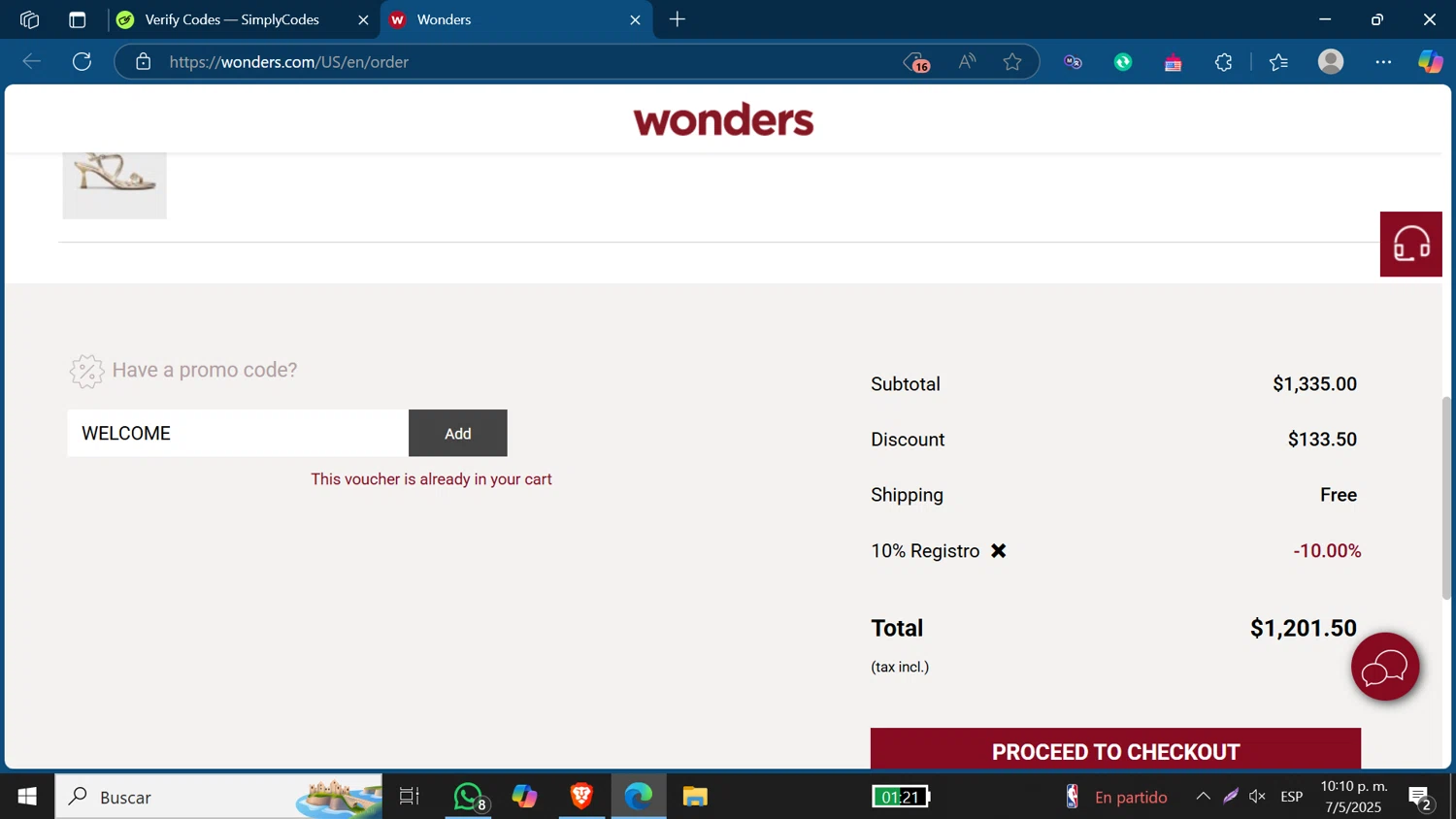 Shoes Wonders promo code screenshot showing code WELCOME applied at Shoes Wonders checkout page. Uploaded by SimplyCodes community member Jeffersontorrealba on May 8, 2025
