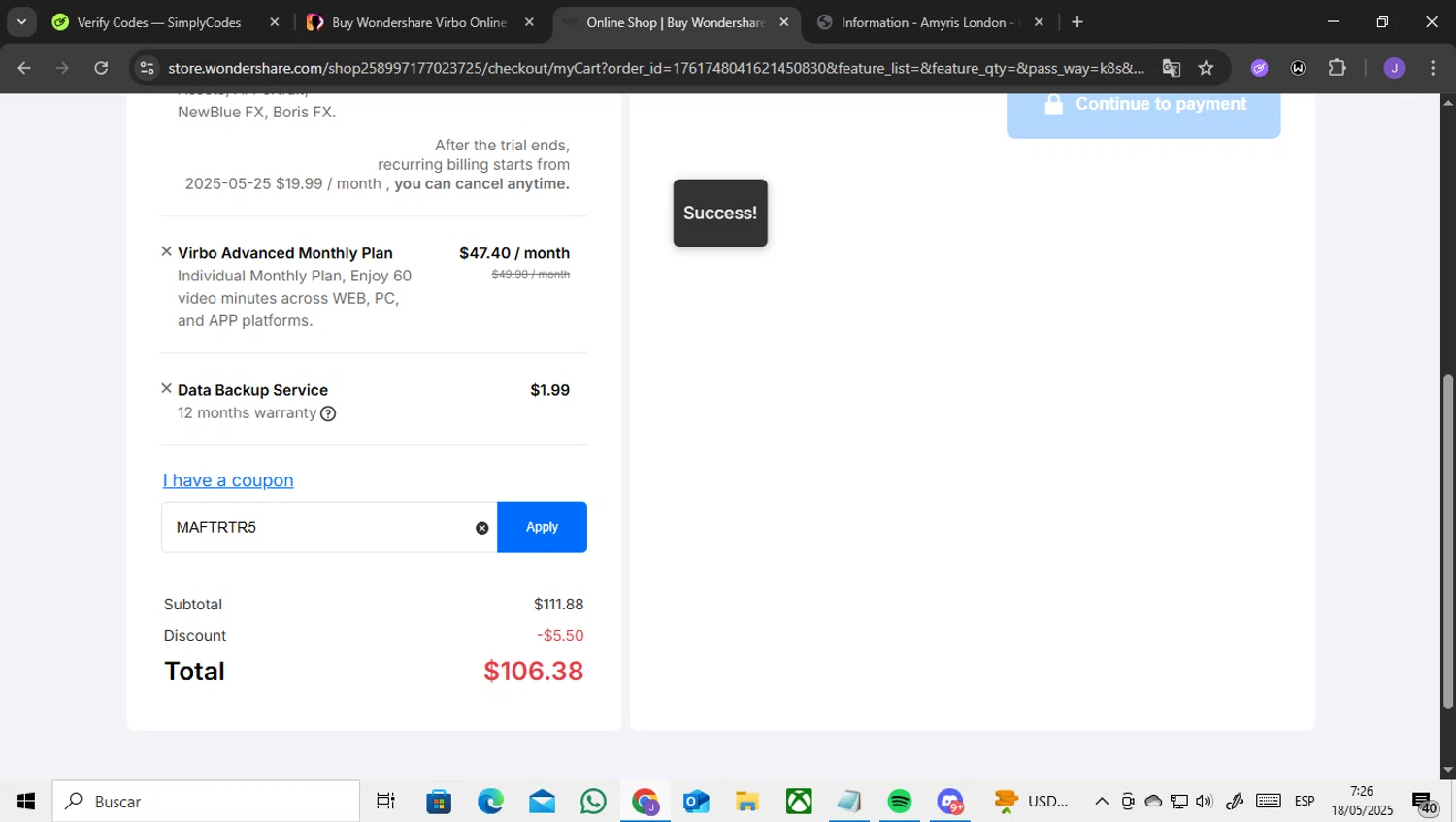 Wondershare Virbo promo code screenshot showing code MAFTRTR5 applied at Wondershare Virbo checkout page. Uploaded by SimplyCodes community member ENCARAMESSI on May 18, 2025