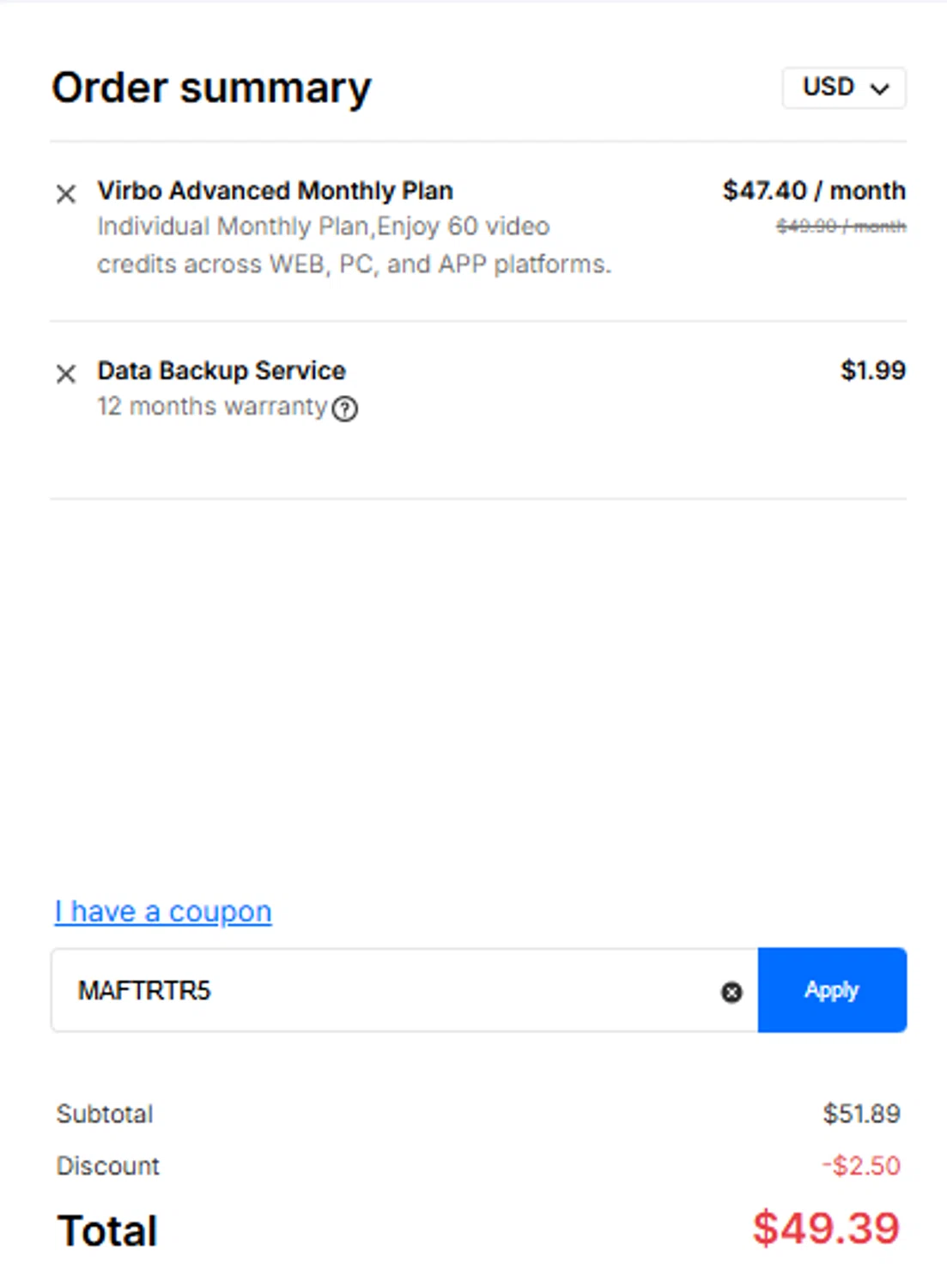Wondershare Virbo promo code screenshot showing code MAFTRTR5 applied at Wondershare Virbo checkout page. Uploaded by SimplyCodes community member MagnificentCollector7829 on Mar 21, 2025