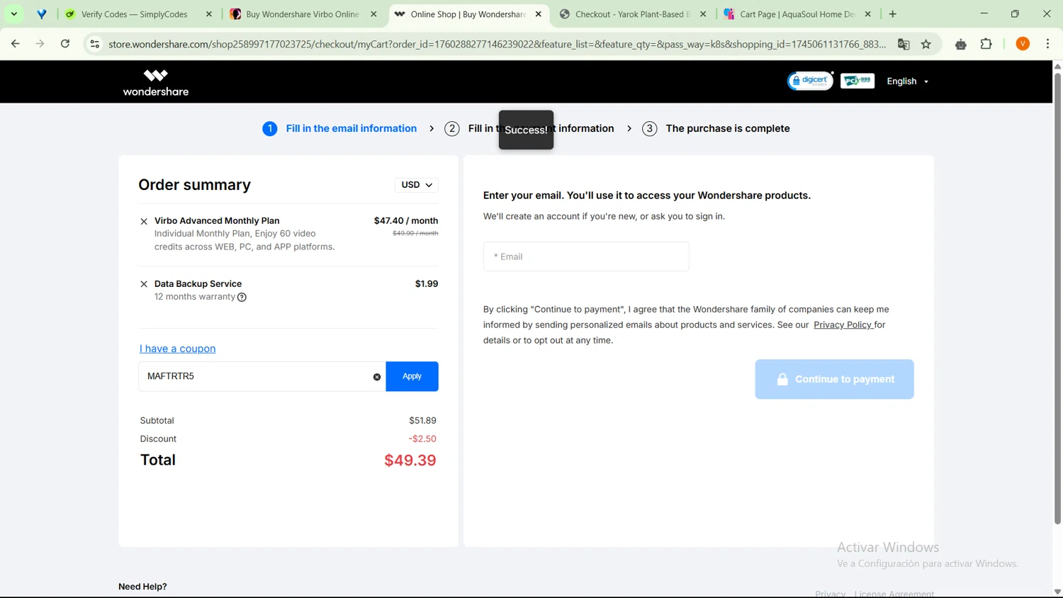 Wondershare Virbo promo code screenshot showing code MAFTRTR5 applied at Wondershare Virbo checkout page. Uploaded by SimplyCodes community member RebateSaver5991 on Apr 19, 2025