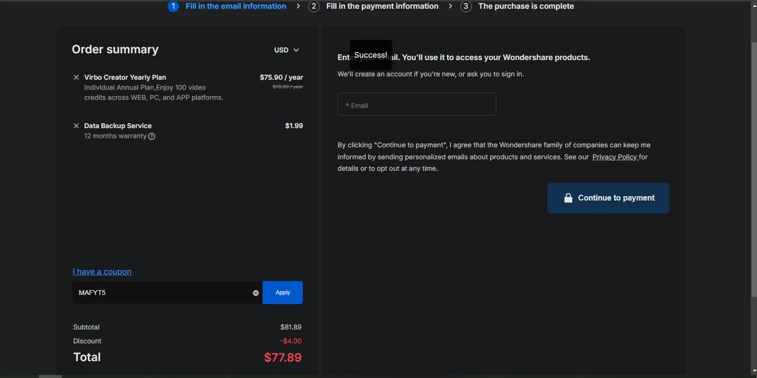 Wondershare Virbo checkout page showing Wondershare Virbo promo code box | Screenshot taken by SimplyCodes community member on Mar 23, 2025