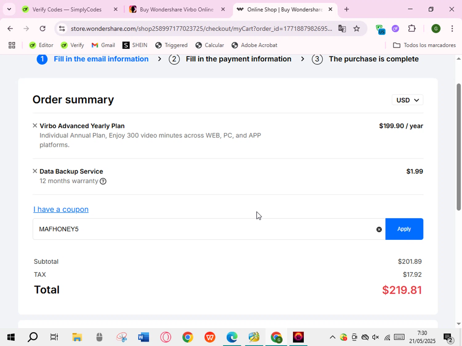Wondershare Virbo promo code screenshot showing code MAFHONEY5 applied at Wondershare Virbo checkout page. Uploaded by SimplyCodes community member RoyalVirtuoso7438 on May 21, 2025