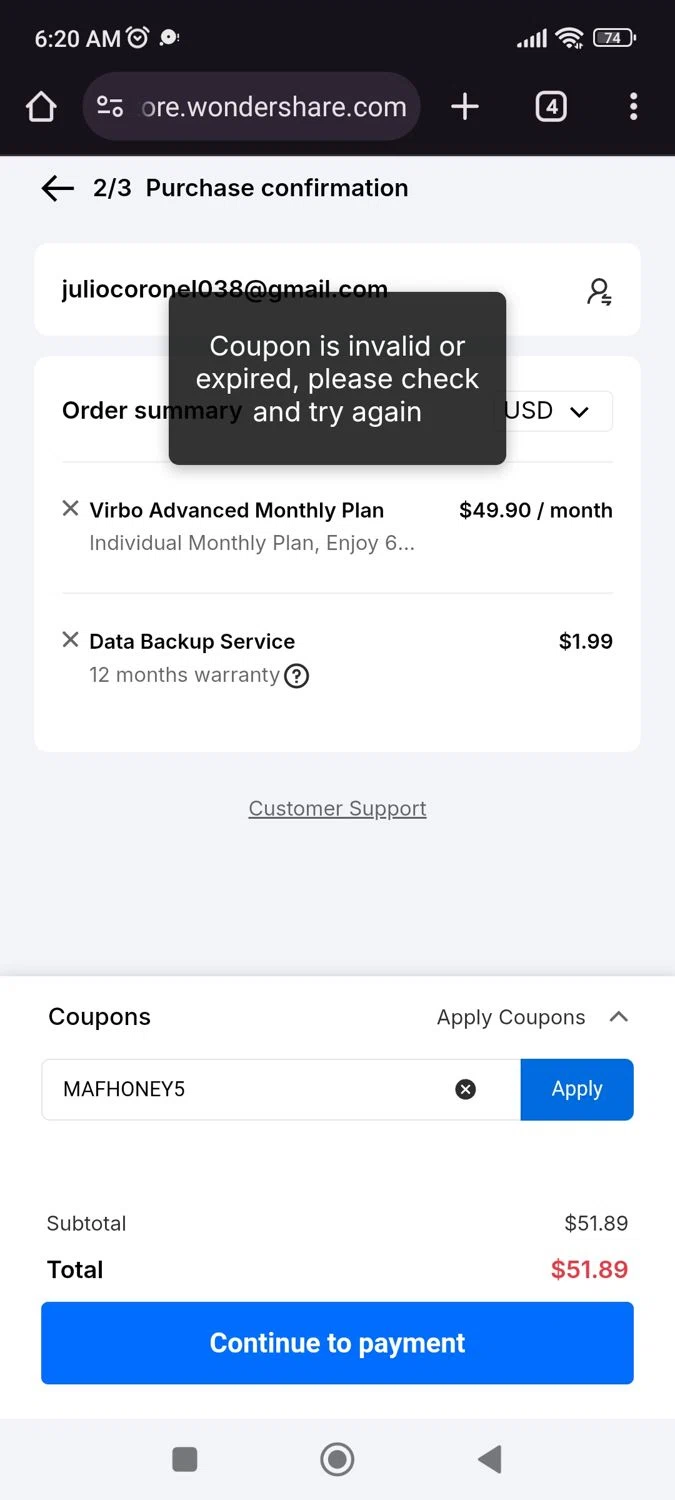 Wondershare Virbo promo code screenshot showing code MAFHONEY5 applied at Wondershare Virbo checkout page. Uploaded by SimplyCodes community member juliocoronel038ef0f on Jun 18, 2025