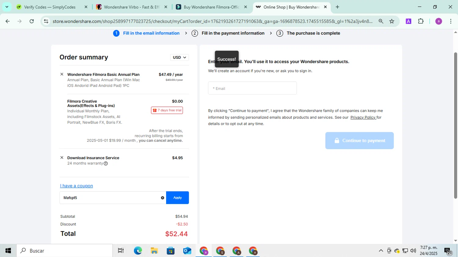 Wondershare Virbo checkout page showing Wondershare Virbo promo code box | Screenshot taken by SimplyCodes community member on Apr 24, 2025