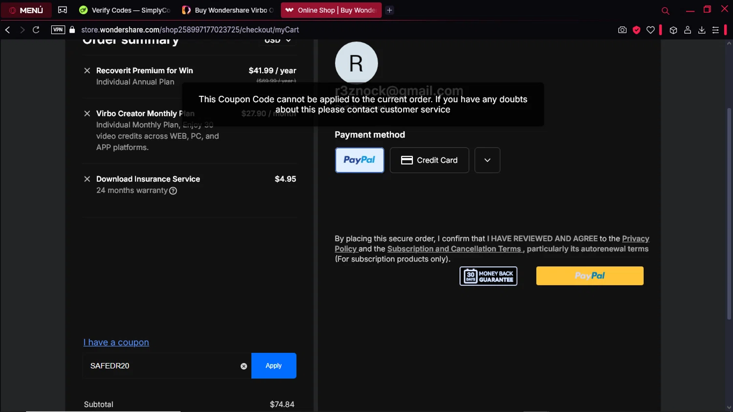 Wondershare Virbo checkout page showing Wondershare Virbo promo code box | Screenshot taken by SimplyCodes community member on Apr 1, 2025