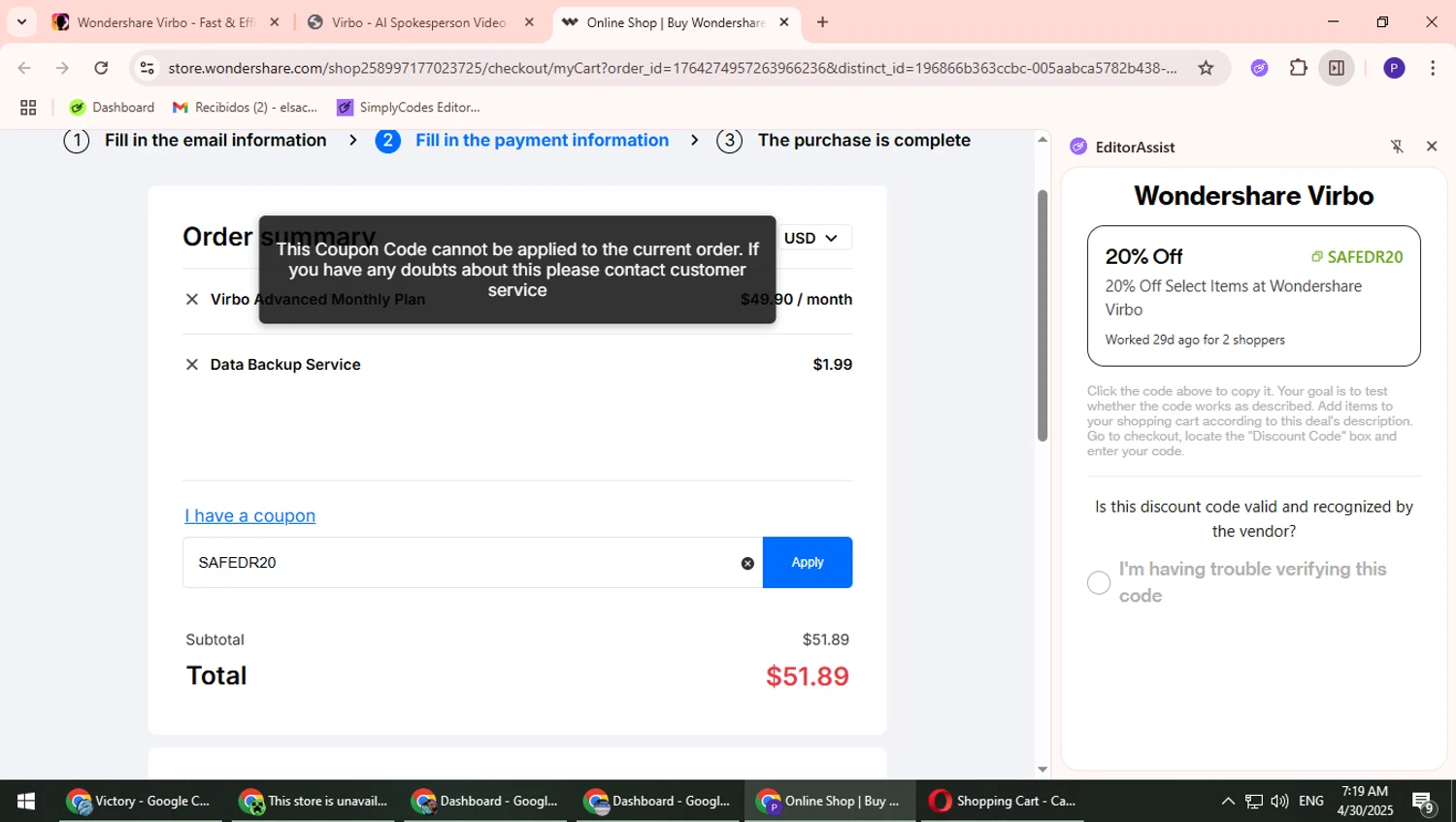 Wondershare Virbo promo code screenshot showing code SAFEDR20 applied at Wondershare Virbo checkout page. Uploaded by SimplyCodes community member Suicune on Apr 30, 2025