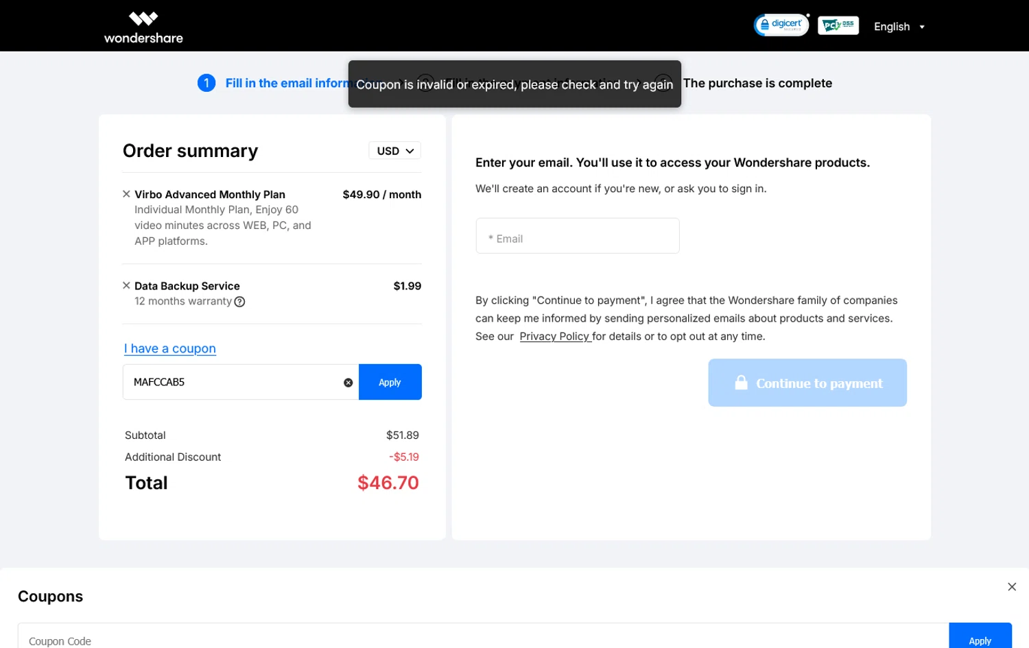 Wondershare Virbo promo code screenshot showing code MAFCCAB5 applied at Wondershare Virbo checkout page. Uploaded by SimplyCodes community member WladimirV on Jun 2, 2025