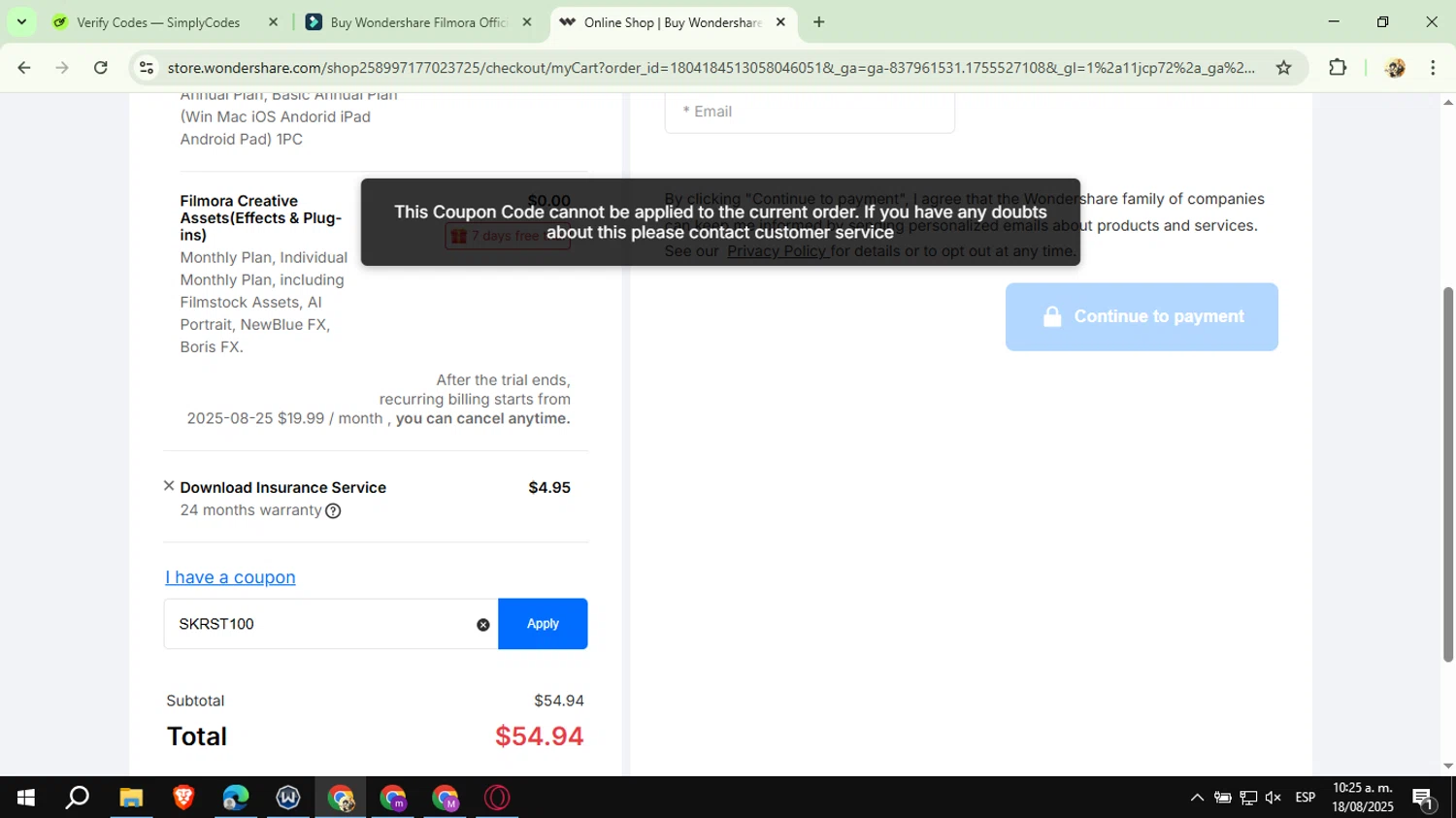 Wondershare Virbo promo code screenshot showing code SKRST100 applied at Wondershare Virbo checkout page. Uploaded by SimplyCodes community member CashExpert3657 on Aug 18, 2025