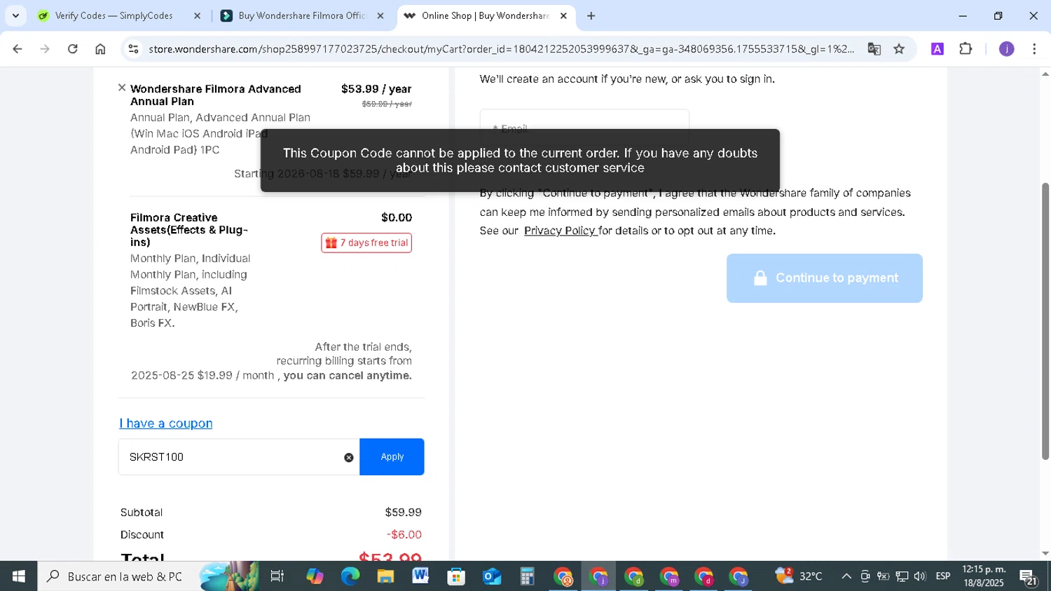 Wondershare Virbo promo code screenshot showing code SKRST100 applied at Wondershare Virbo checkout page. Uploaded by SimplyCodes community member TAZ2024 on Aug 18, 2025