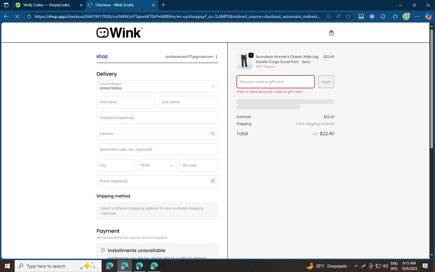 WonderWink promo code screenshot showing code KASHARIE10 applied at WonderWink checkout page. Uploaded by SimplyCodes community member jvllsk3 on Oct 6, 2025