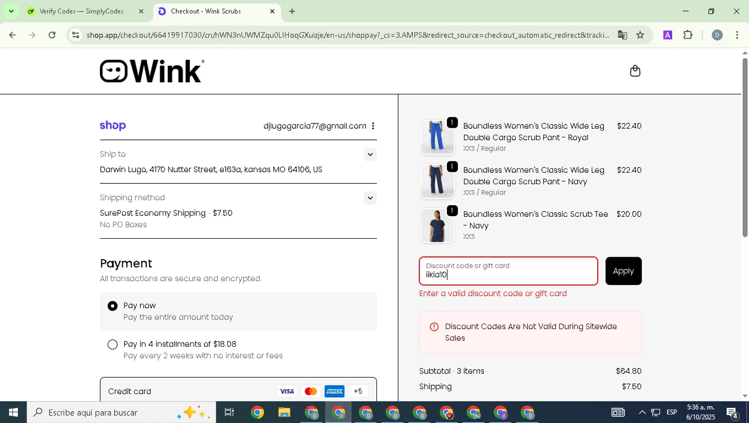 WonderWink promo code screenshot showing code iikia10 applied at WonderWink checkout page. Uploaded by SimplyCodes community member DealExpert4491 on Oct 6, 2025
