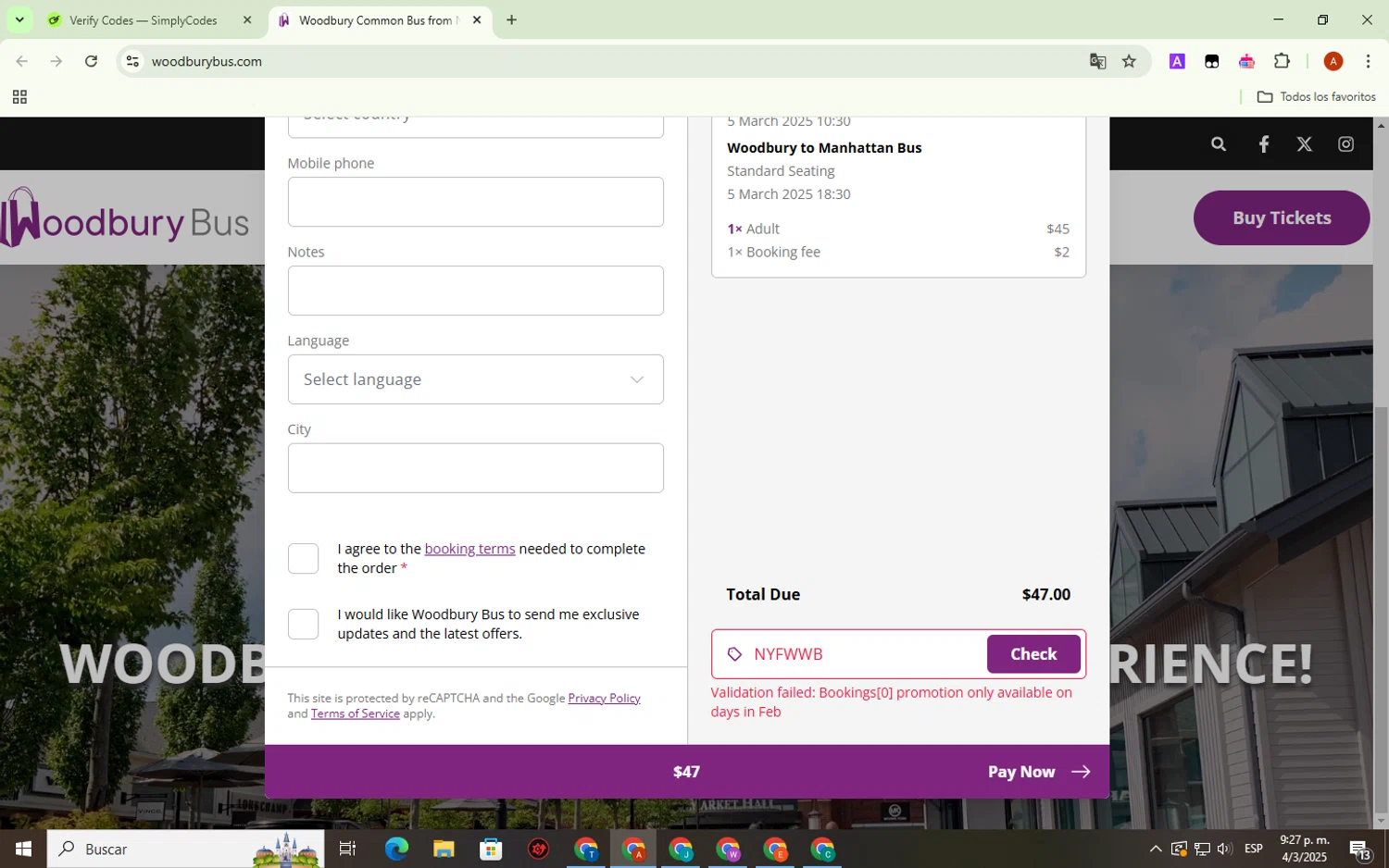 Woodbury Bus discount code screenshot showing code NYFWWB applied at Woodbury Bus checkout page. Uploaded by SimplyCodes community member BonusShopper323 on Mar 5, 2025