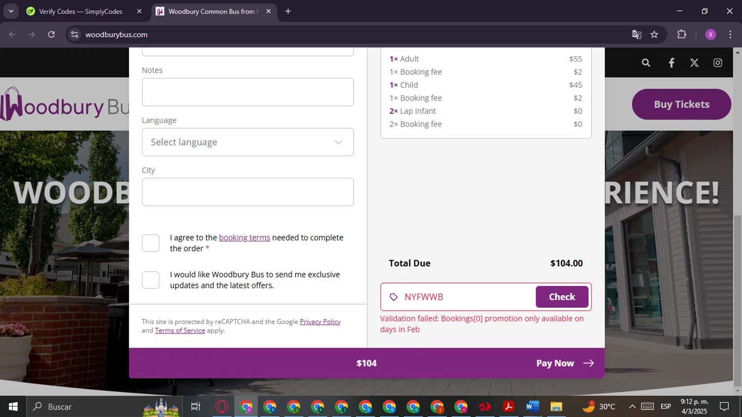 Woodbury Bus discount code screenshot showing code NYFWWB applied at Woodbury Bus checkout page. Uploaded by SimplyCodes community member CashChaser8387 on Mar 5, 2025