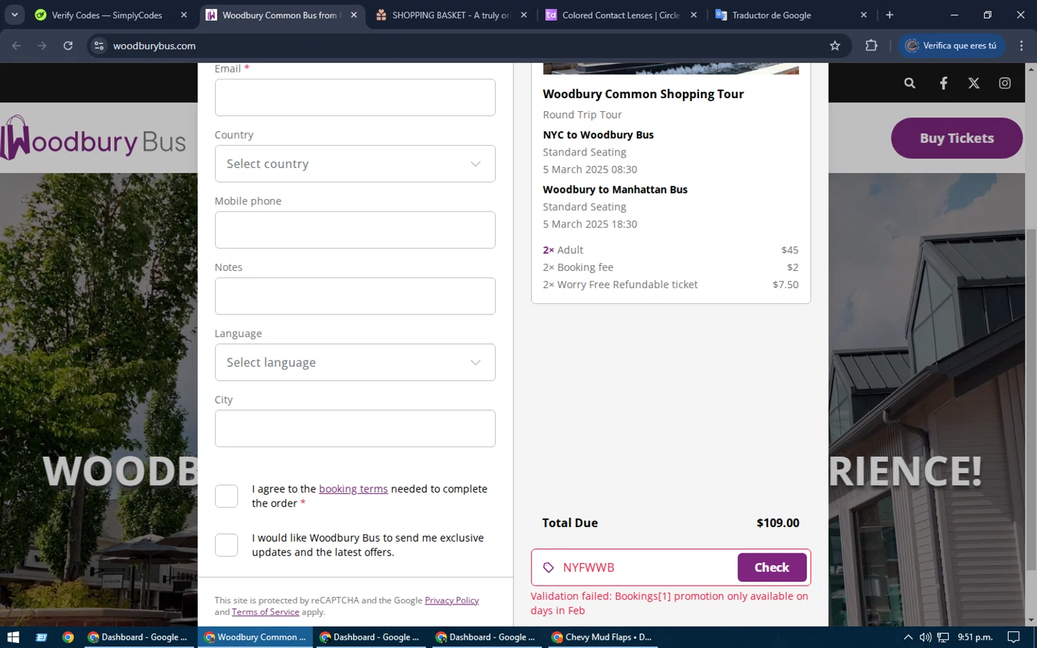 Woodbury Bus discount code screenshot showing code NYFWWB applied at Woodbury Bus checkout page. Uploaded by SimplyCodes community member SrSolomon on Mar 5, 2025