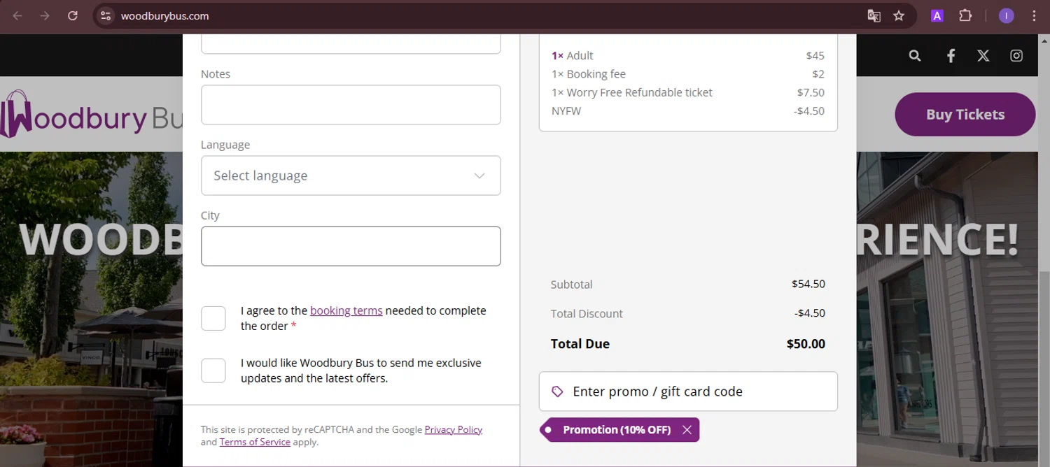 Woodbury Bus checkout page showing Woodbury Bus discount code box | Screenshot taken by SimplyCodes community member on Feb 13, 2025