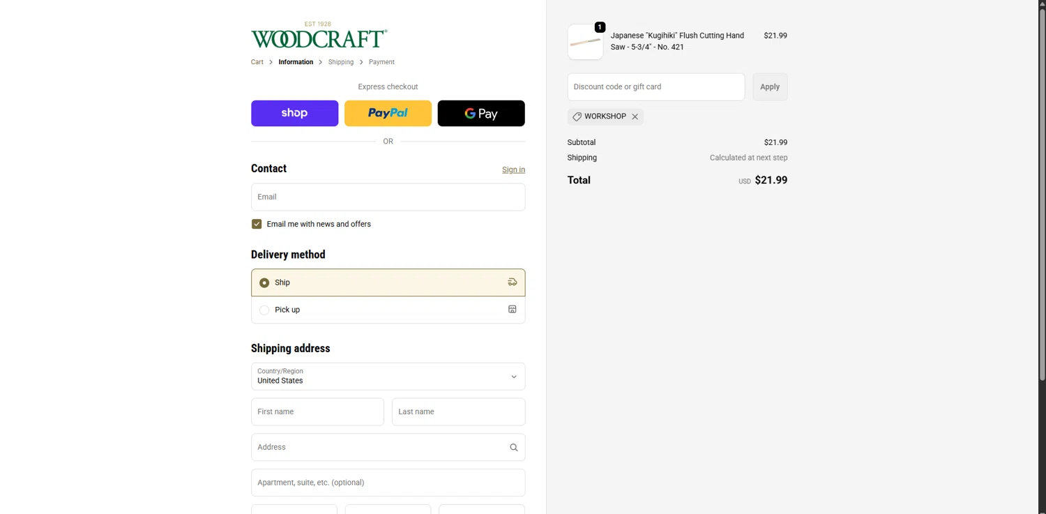 Woodcraft Supply promo code screenshot showing code WORKSHOP applied at Woodcraft Supply checkout page. Uploaded by SimplyCodes community member VoucherRanger9105 on Feb 3, 2026