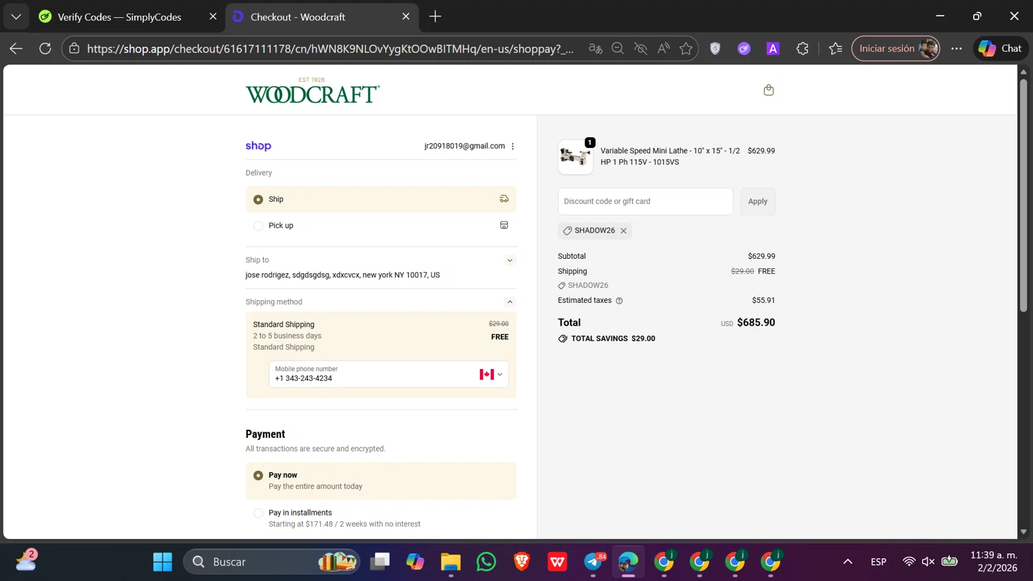 Woodcraft Supply promo code screenshot showing code SHADOW26 applied at Woodcraft Supply checkout page. Uploaded by SimplyCodes community member Toji_fushiguro on Feb 2, 2026