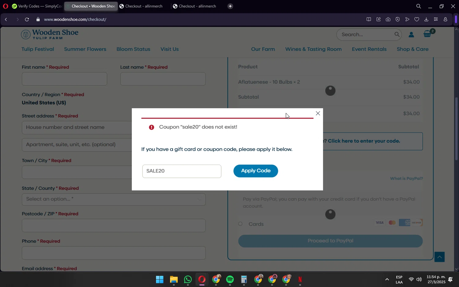 Wooden Shoe Tulip Farm promo code screenshot showing code SALE20 applied at Wooden Shoe Tulip Farm checkout page. Uploaded by SimplyCodes community member wednesday on Mar 28, 2025