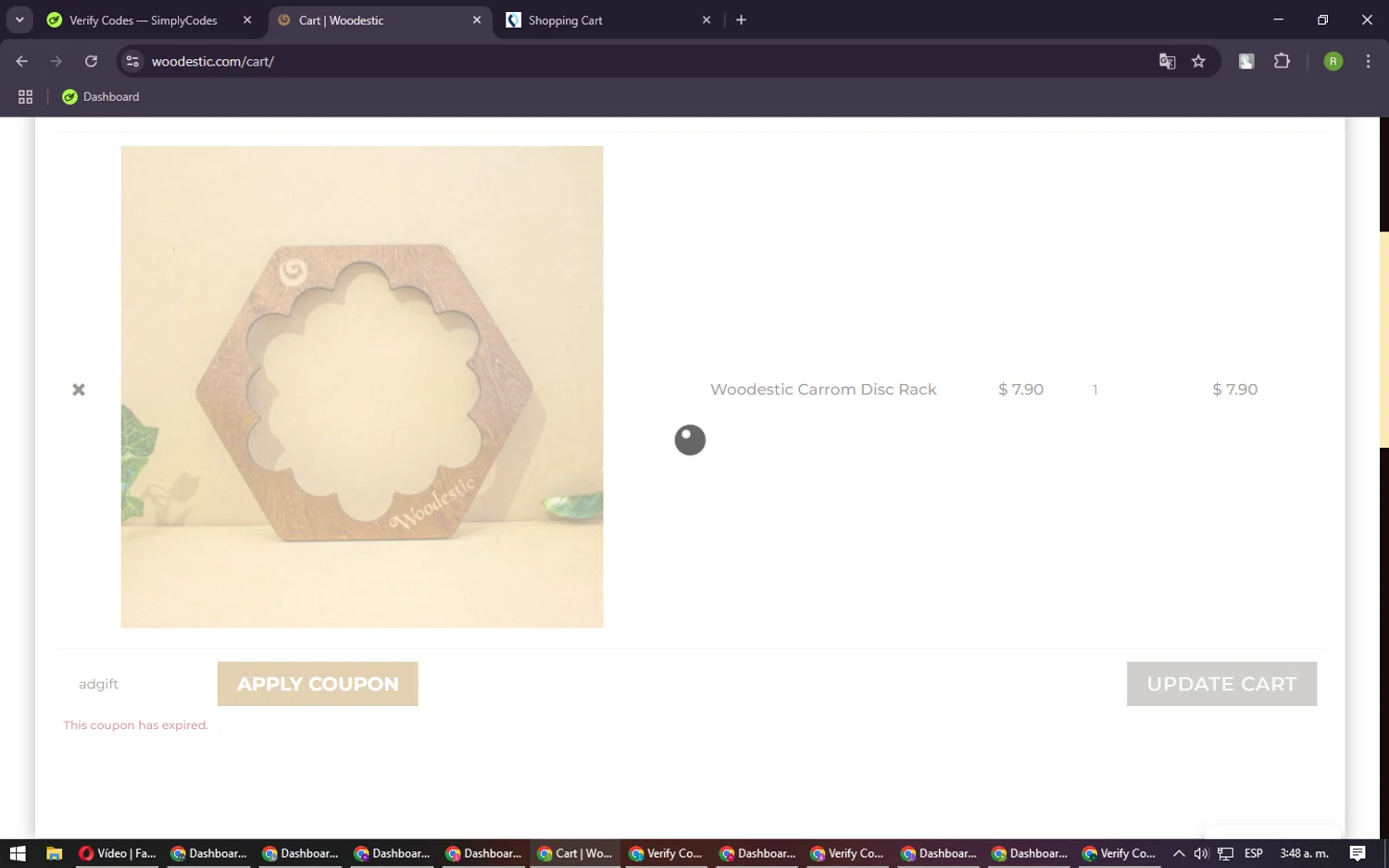 Woodestic coupon code screenshot showing code adgift applied at Woodestic checkout page. Uploaded by SimplyCodes community member CouponRanger9482 on Mar 19, 2025