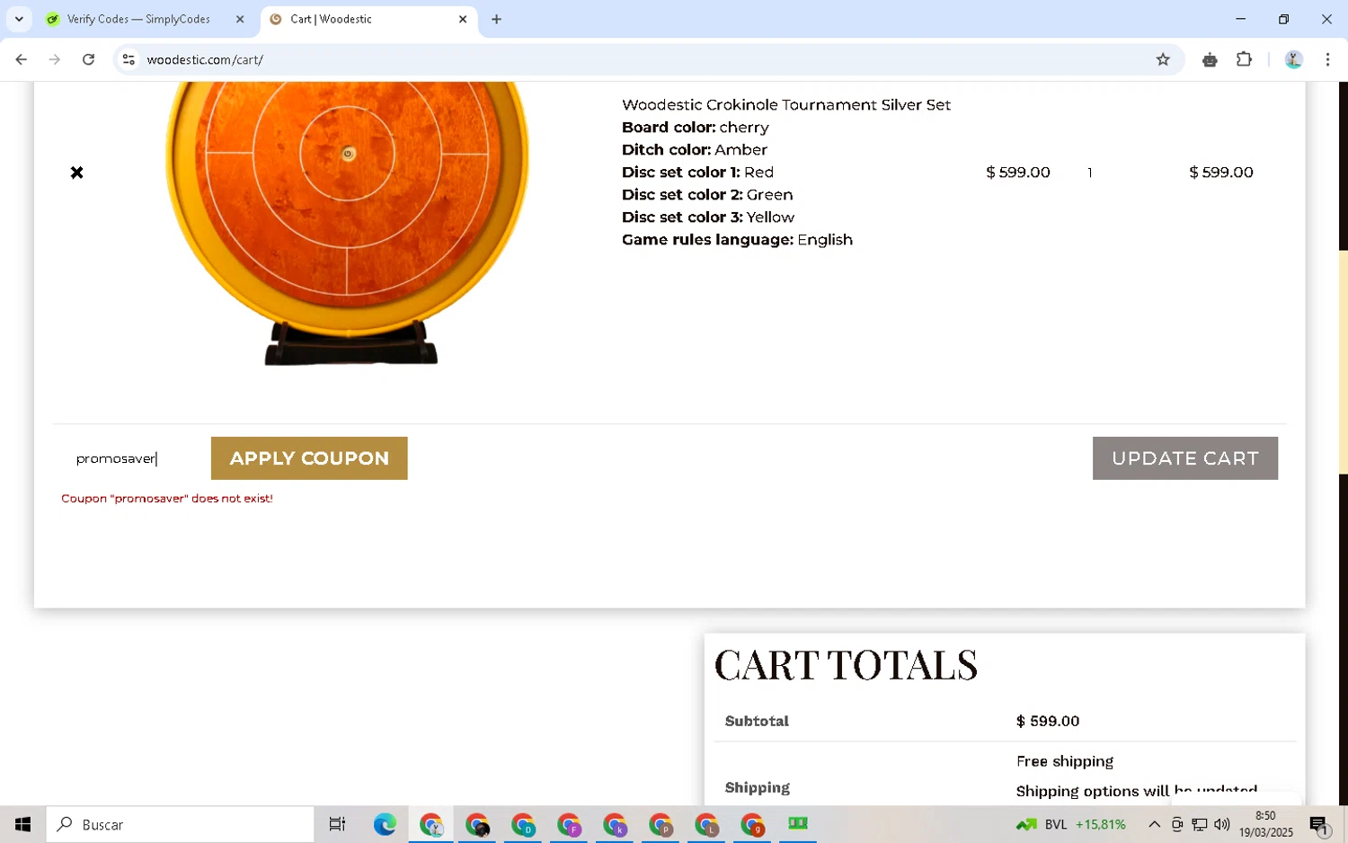 Woodestic coupon code screenshot showing code adgift applied at Woodestic checkout page. Uploaded by SimplyCodes community member LegendaryWarden2503 on Mar 19, 2025