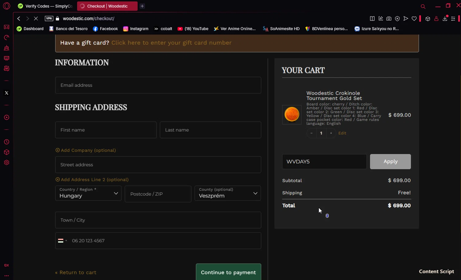 Woodestic coupon code screenshot showing code WVDAY5 applied at Woodestic checkout page. Uploaded by SimplyCodes community member Ema007 on Apr 3, 2025