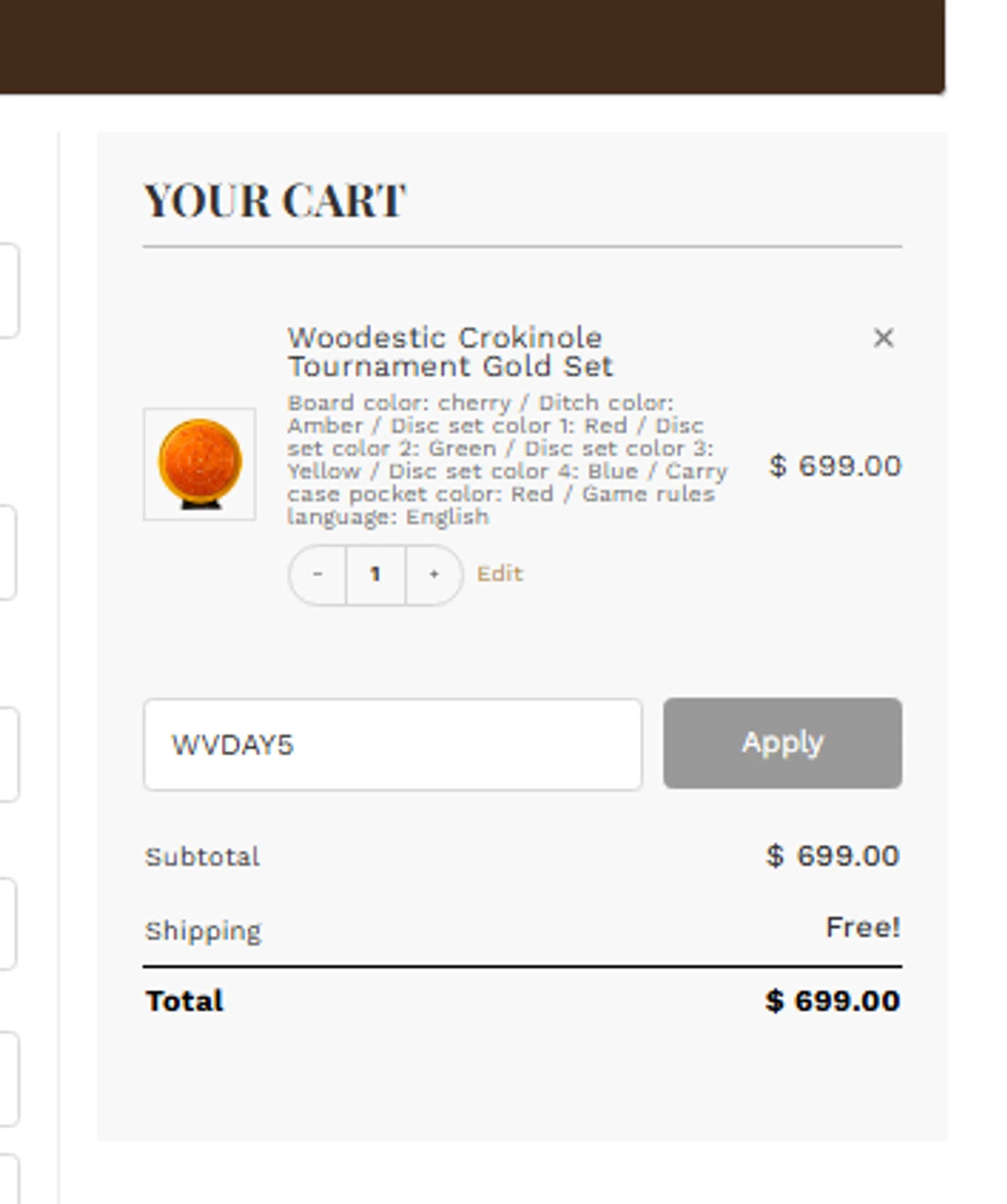 Woodestic coupon code screenshot showing code WVDAY5 applied at Woodestic checkout page. Uploaded by SimplyCodes community member PennyScout6137 on May 2, 2025
