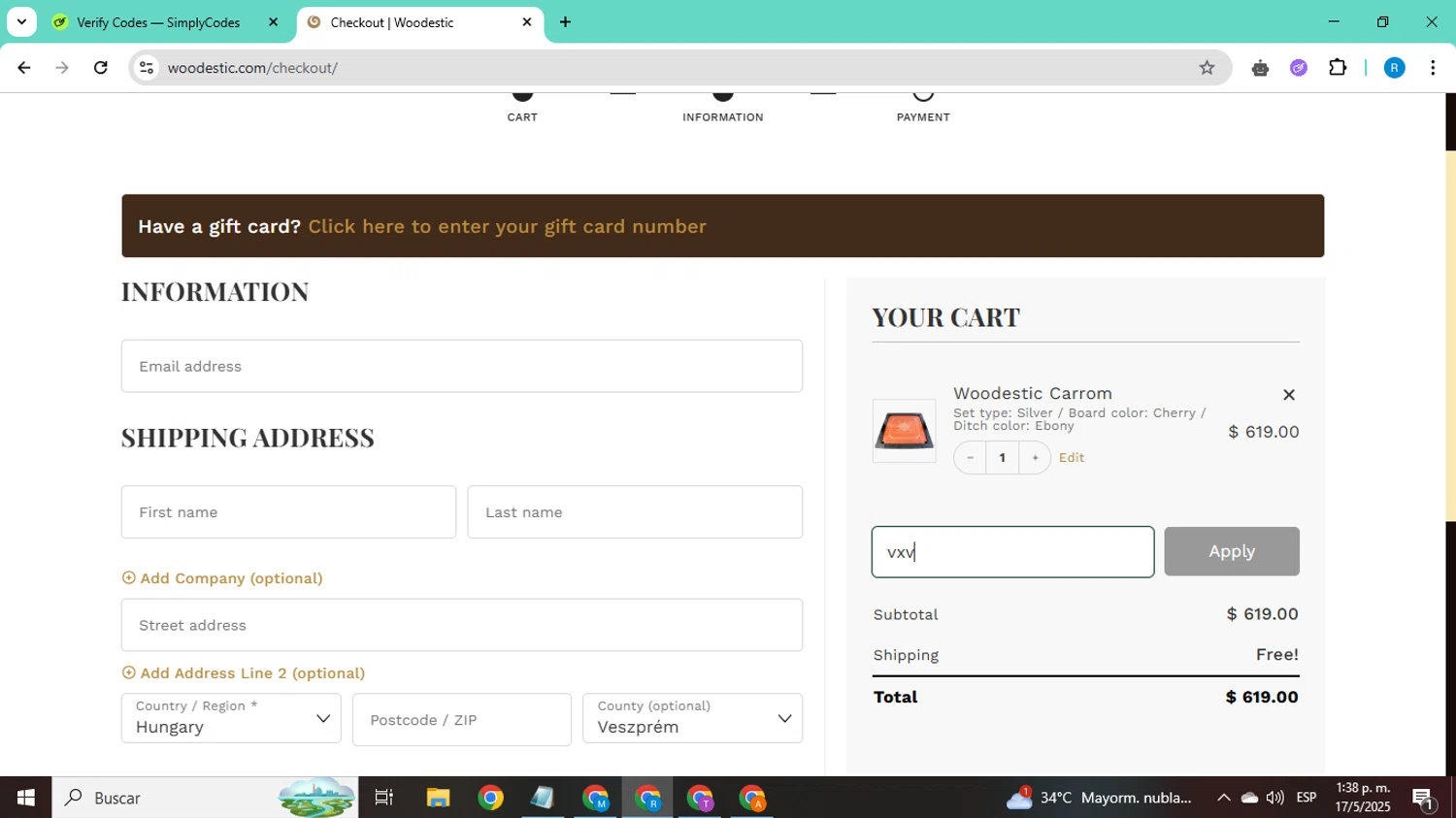 Woodestic coupon code screenshot showing code leen10 applied at Woodestic checkout page. Uploaded by SimplyCodes community member CodeShopper8605 on May 17, 2025