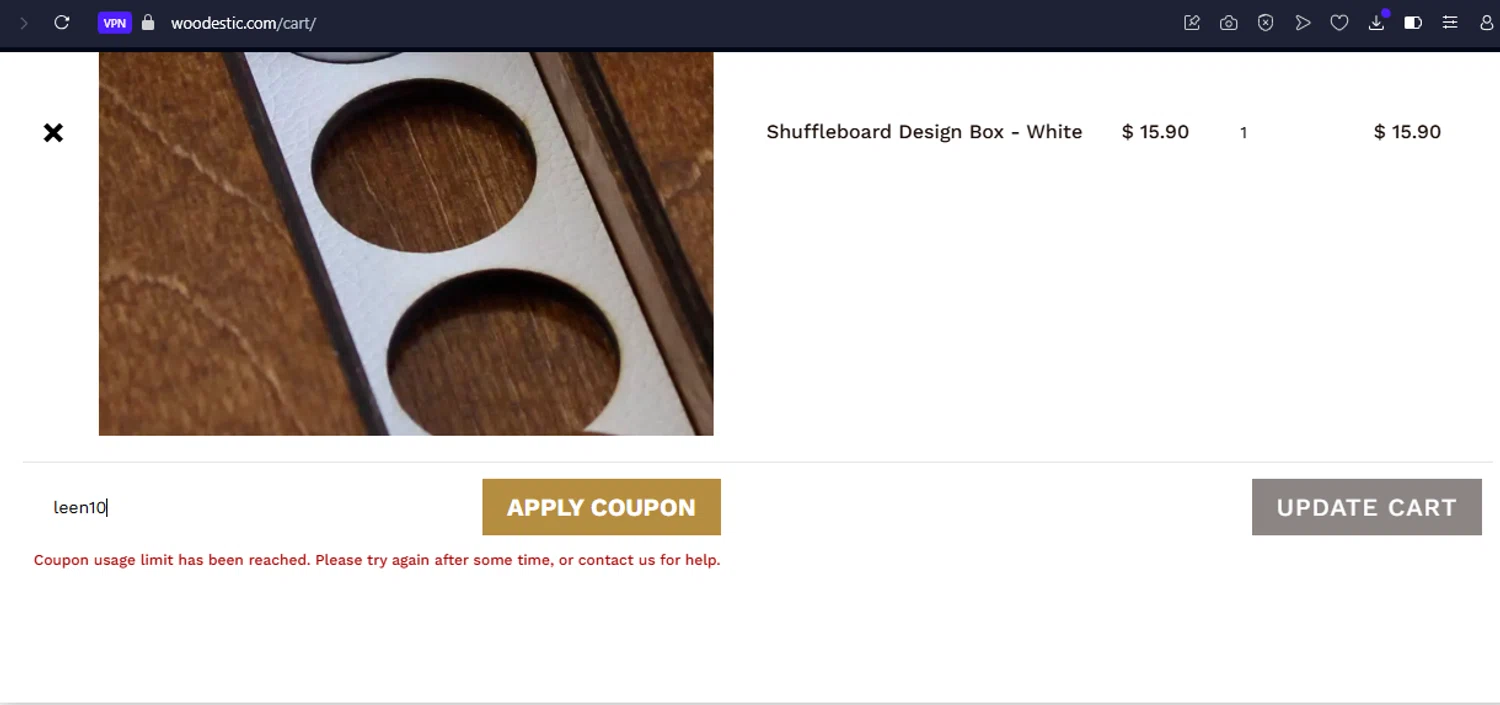 Woodestic coupon code screenshot showing code leen10 applied at Woodestic checkout page. Uploaded by SimplyCodes community member diacelysduartesuarez on May 17, 2025