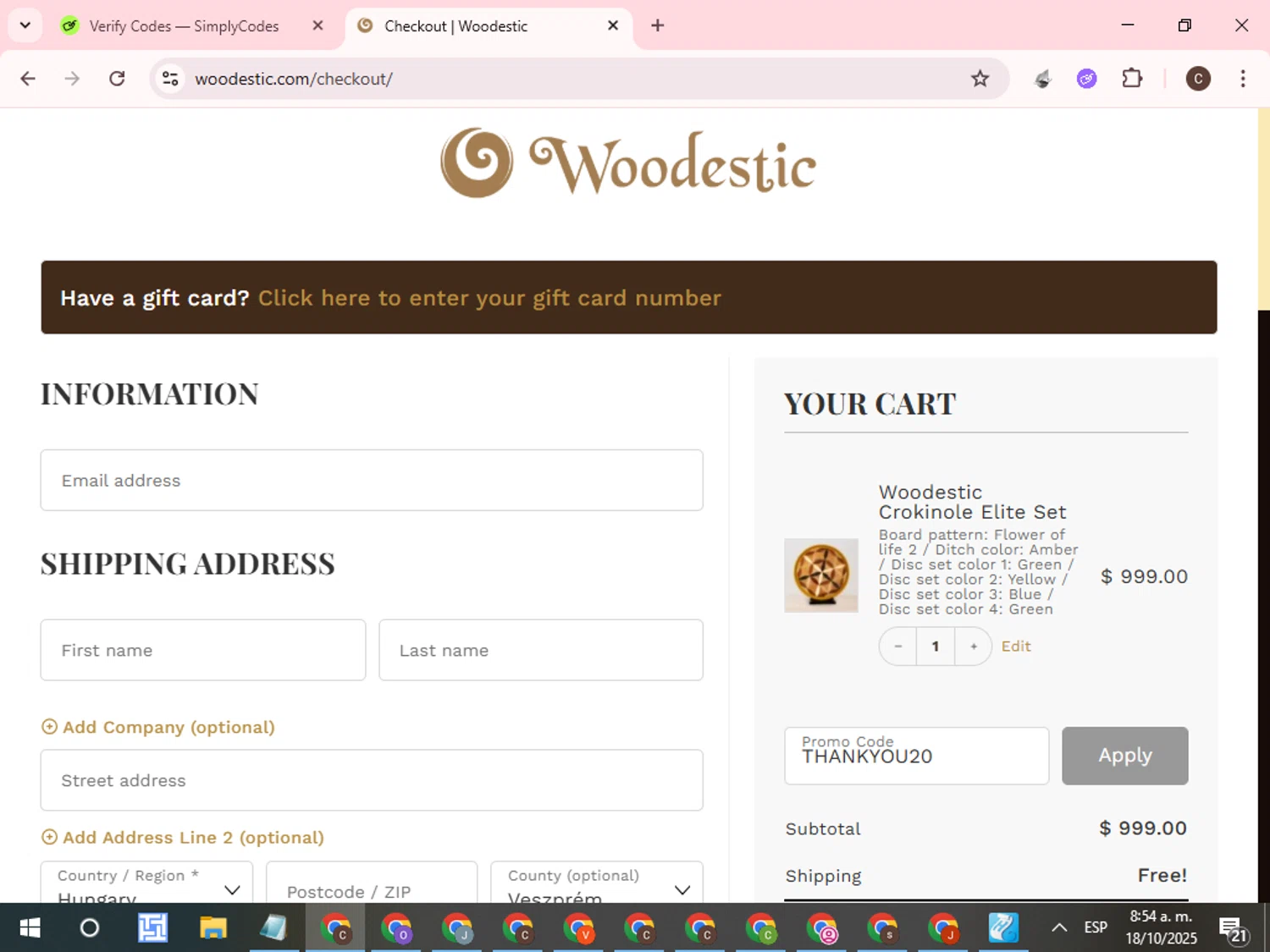 Woodestic coupon code screenshot showing code THANKYOU20 applied at Woodestic checkout page. Uploaded by SimplyCodes community member WonderCurator7831 on Oct 18, 2025