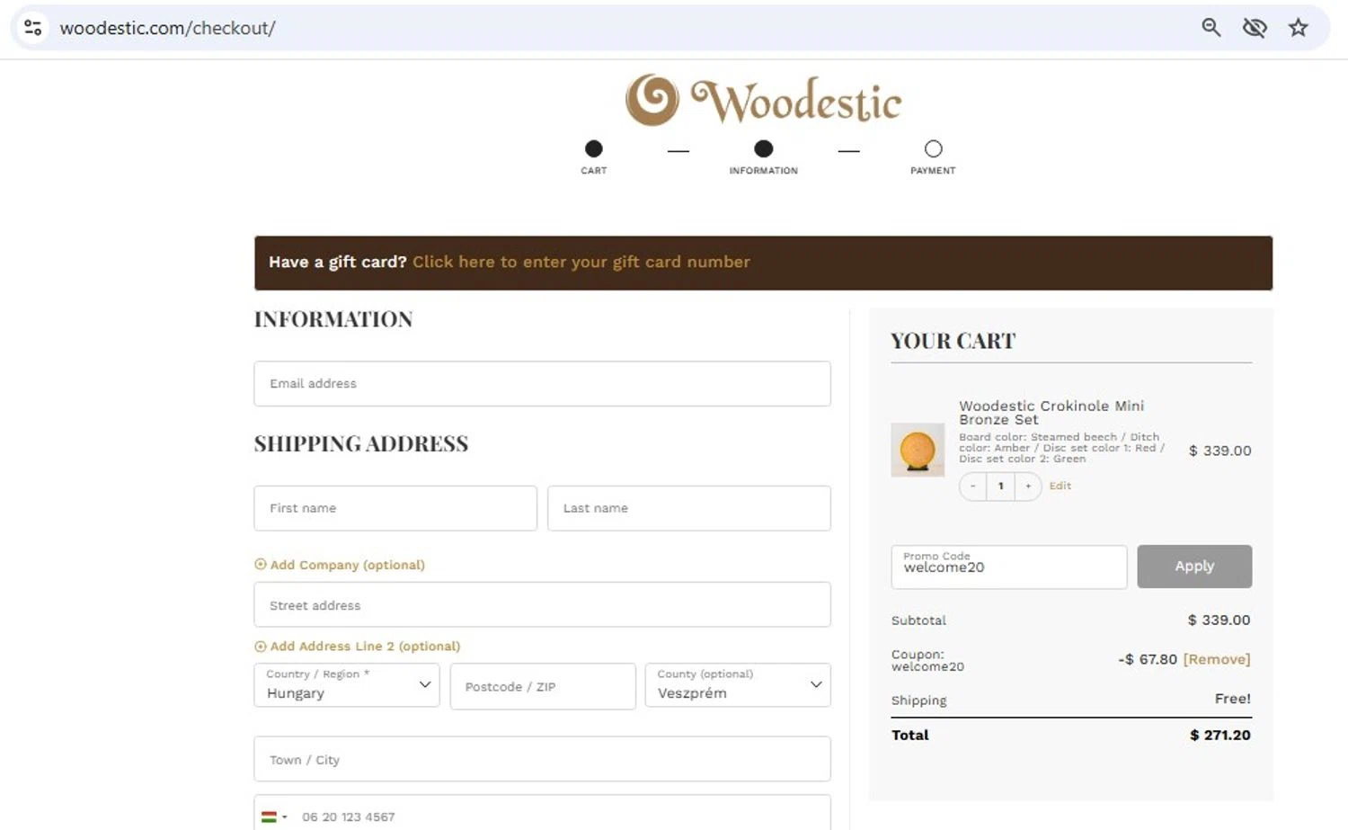 Woodestic coupon code screenshot showing code welcome20 applied at Woodestic checkout page. Uploaded by SimplyCodes community member frankrivero on Sep 6, 2025