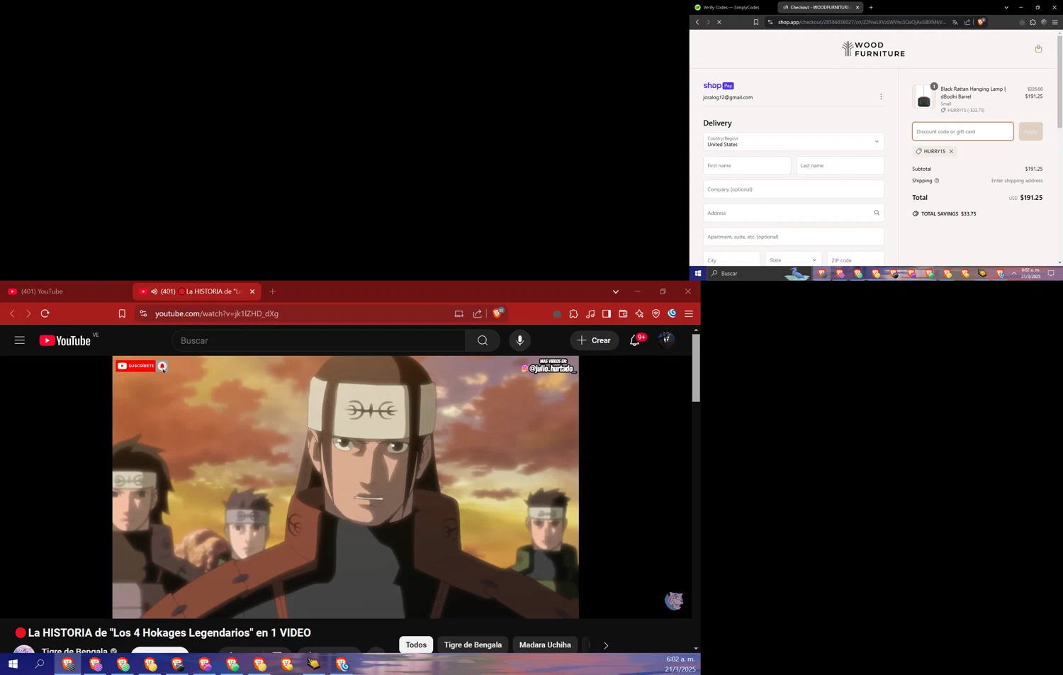 Wood Furniture discount code screenshot showing code HURRY15 applied at Wood Furniture checkout page. Uploaded by SimplyCodes community member Cuponzinho on Mar 21, 2025