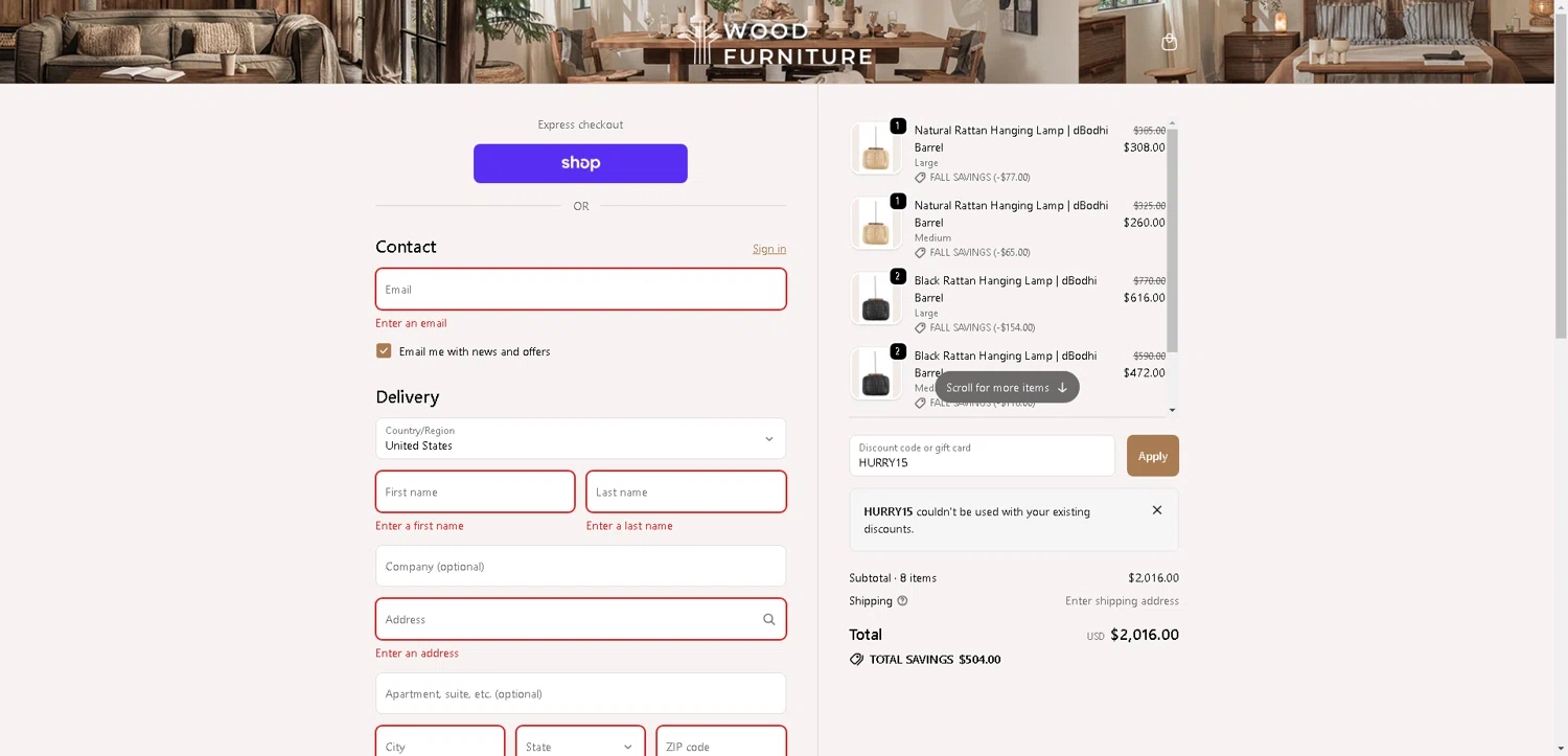 Wood Furniture discount code screenshot showing code HURRY15 applied at Wood Furniture checkout page. Uploaded by SimplyCodes community member DerekRoberson on Oct 15, 2025