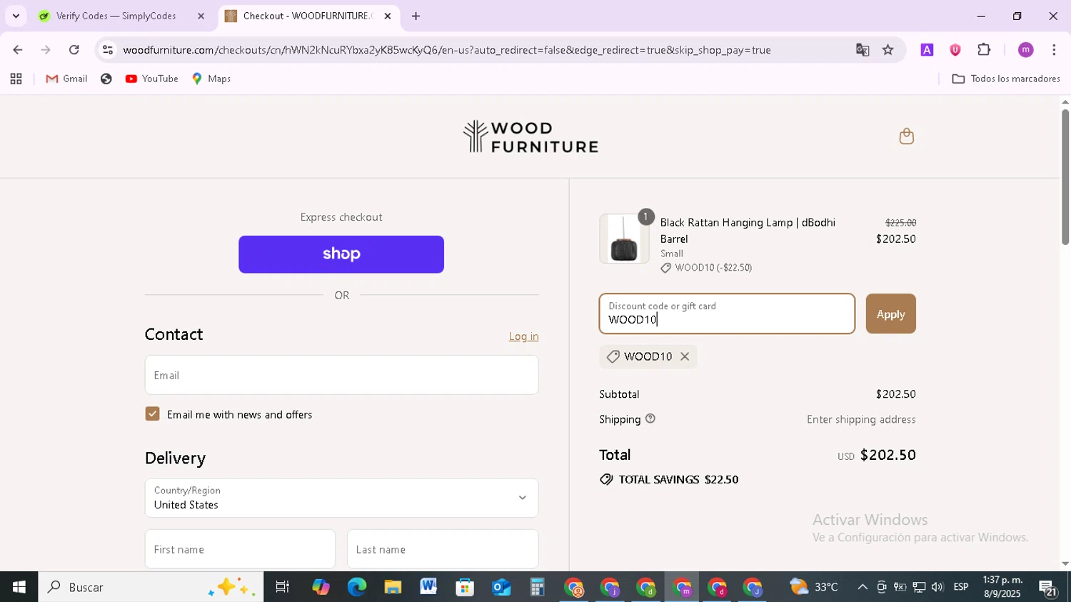 Wood Furniture discount code screenshot showing code WOOD10 applied at Wood Furniture checkout page. Uploaded by SimplyCodes community member BudgetMonarch8952 on Sep 8, 2025