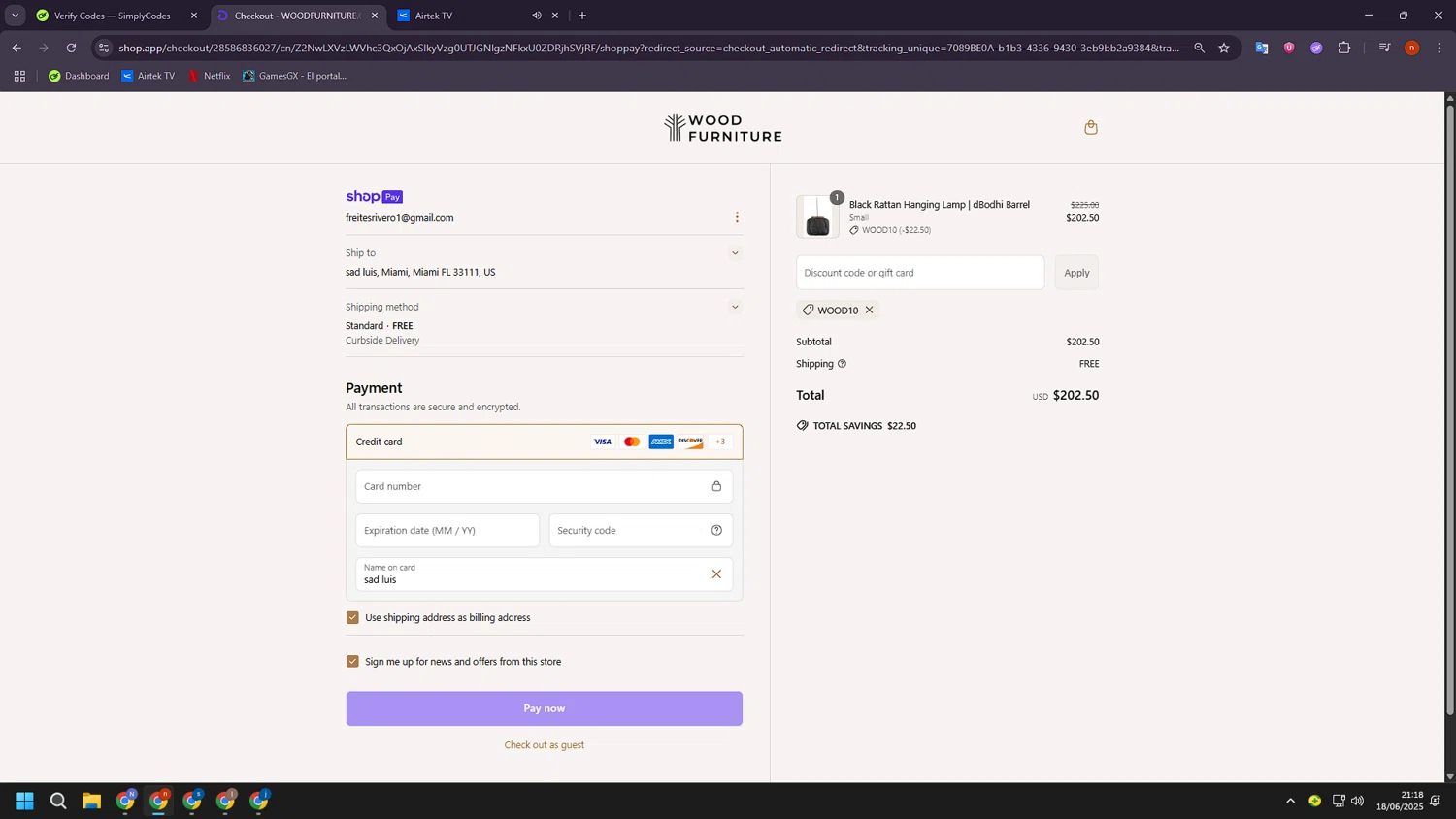 Wood Furniture discount code screenshot showing code WOOD10 applied at Wood Furniture checkout page. Uploaded by SimplyCodes community member BudgetShopper182 on Jun 19, 2025