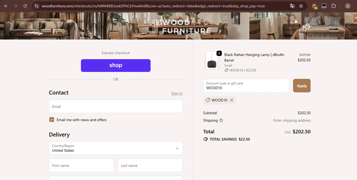 Wood Furniture discount code screenshot showing code WOOD10 applied at Wood Furniture checkout page. Uploaded by SimplyCodes community member VoucherKnight6415 on Oct 15, 2025