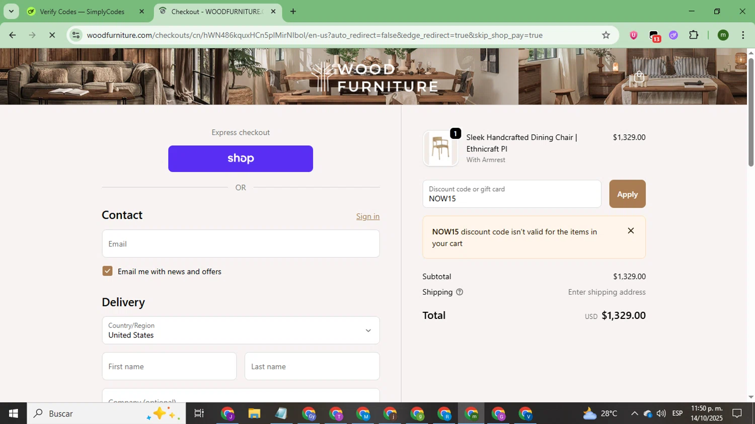 Wood Furniture discount code screenshot showing code NOW15 applied at Wood Furniture checkout page. Uploaded by SimplyCodes community member CoinSage7057 on Oct 15, 2025