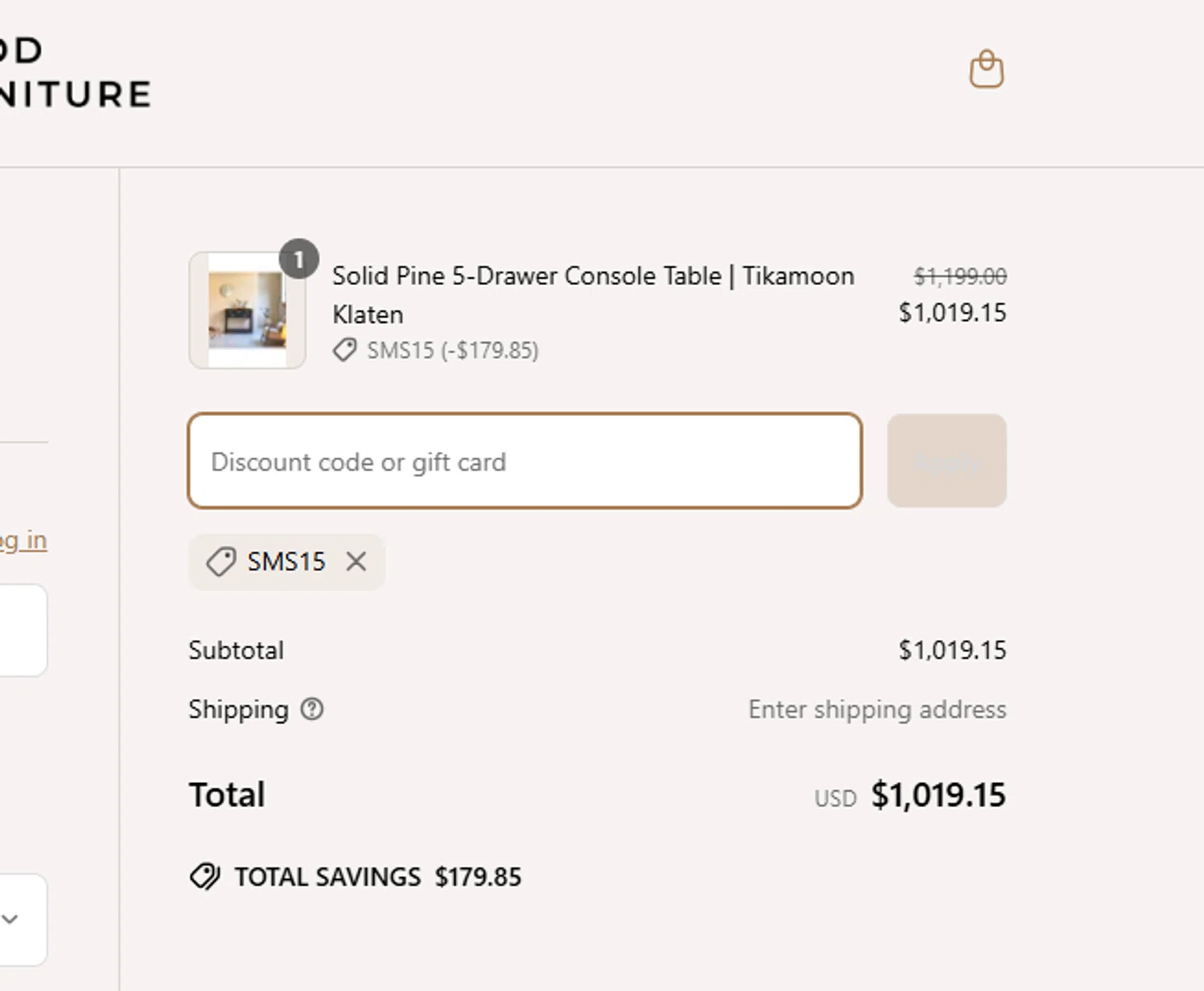 Wood Furniture discount code screenshot showing code SMS15 applied at Wood Furniture checkout page. Uploaded by SimplyCodes community member WiseLegend5590 on Mar 26, 2025