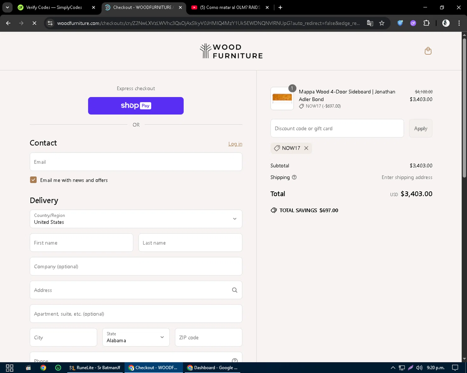 Wood Furniture discount code screenshot showing code NOW17 applied at Wood Furniture checkout page. Uploaded by SimplyCodes community member CleverSentinel9441 on Jun 19, 2025