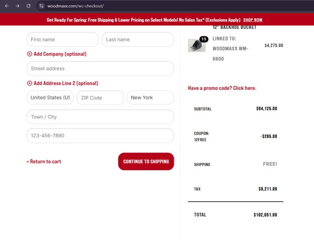 WoodMaxx checkout page showing WoodMaxx promo code box | Screenshot taken by SimplyCodes community member on Jun 12, 2025