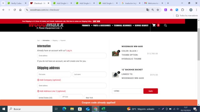 WoodMaxx checkout page showing WoodMaxx promo code box | Screenshot taken by SimplyCodes community member on Oct 5, 2024