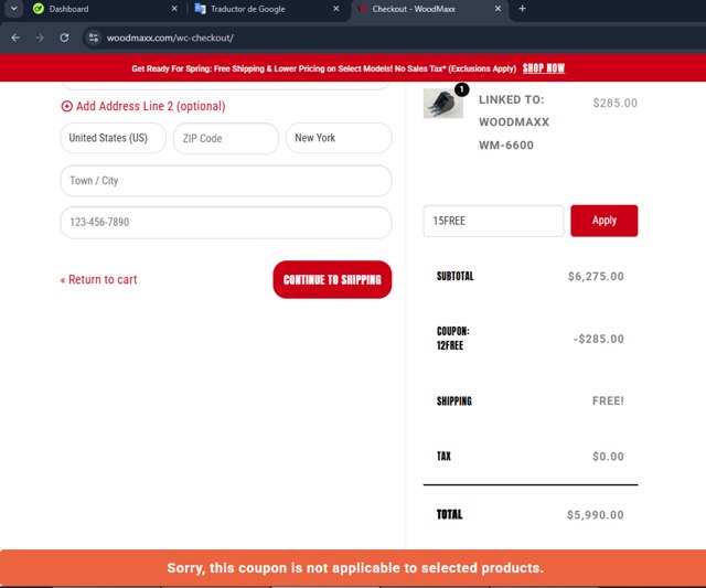 WoodMaxx checkout page showing WoodMaxx promo code box | Screenshot taken by SimplyCodes community member on May 19, 2025