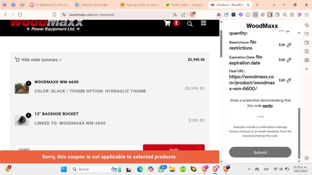 WoodMaxx checkout page showing WoodMaxx promo code box | Screenshot taken by SimplyCodes community member on May 19, 2025